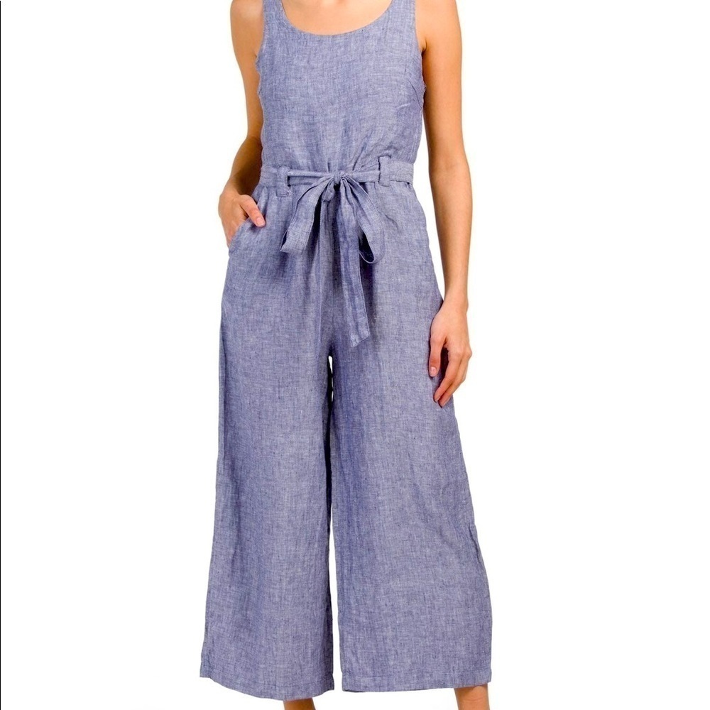 NWT Rachel Zoe Cropped Blue Linen Jumpsuit - Picture 1 of 7